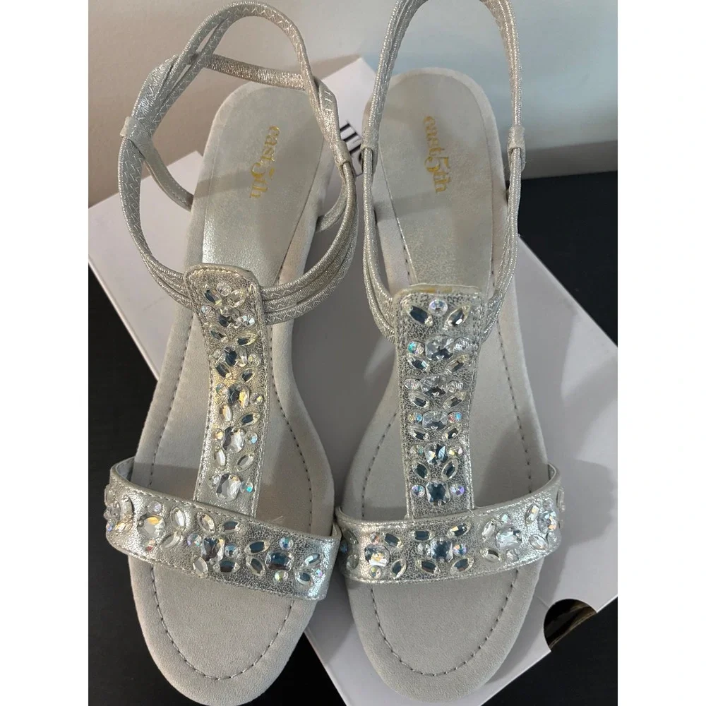 East 5th Embellished Wedge Sandals Silver Women Size‎ 10 Medium Violetta